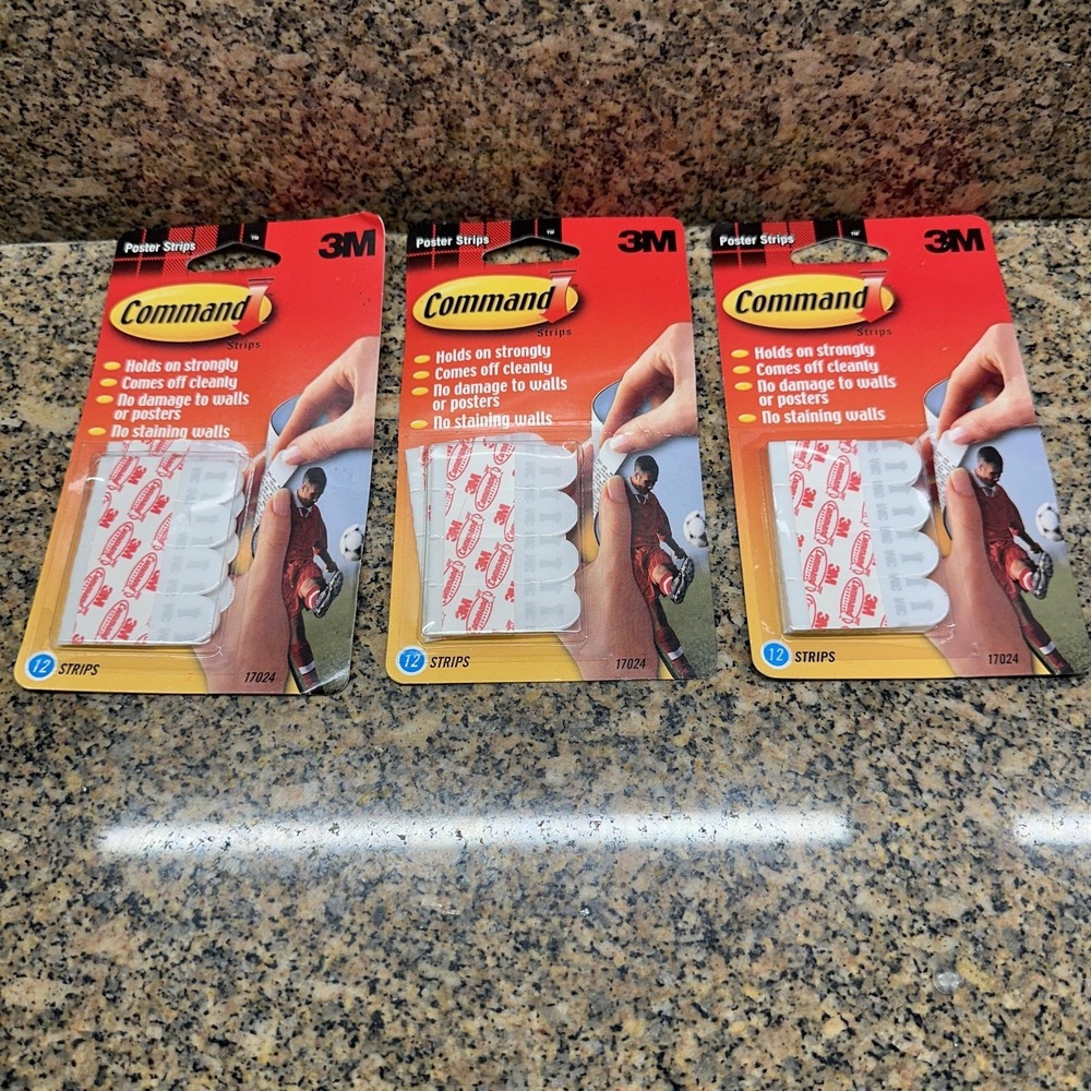 VTG 2002 3M Command Adhesive Poster Strips 17024 Lot 3 Packs 12 Count Each USA